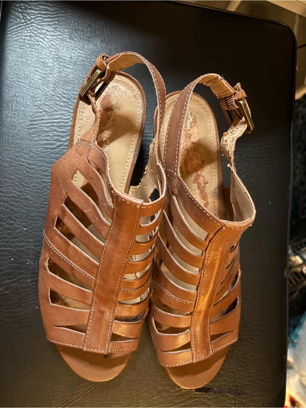 Franco Sarto Sandals Cognagc Leather Wedge Rubber Sole Size 9